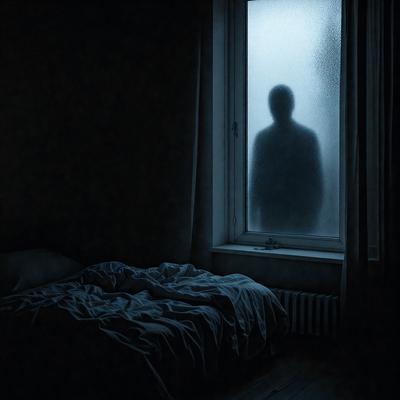 The primary subject of the image is a person standing in a dark room, with their silhouette visible through a window. The setting is a bedroom, and the visual style appears to be a photo. The room is dimly lit, and the person's silhouette creates a mysterious and moody atmosphere.